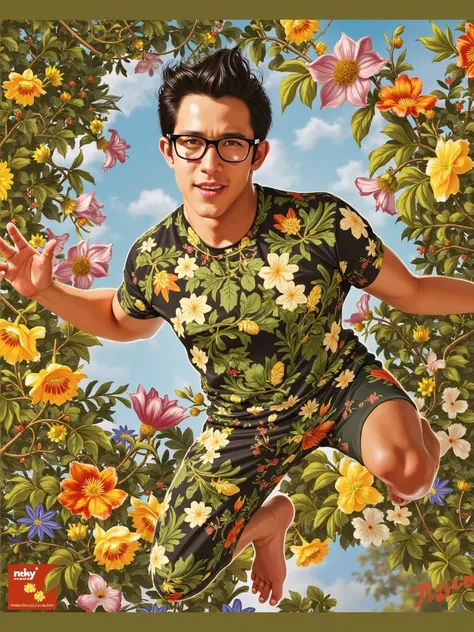 The image is a digital illustration of a young man in mid-air, with his arms stretched out to the sides. He is wearing a black t-shirt with a floral pattern and green shorts. He has dark hair and glasses, and is smiling at the camera. The background is fil...