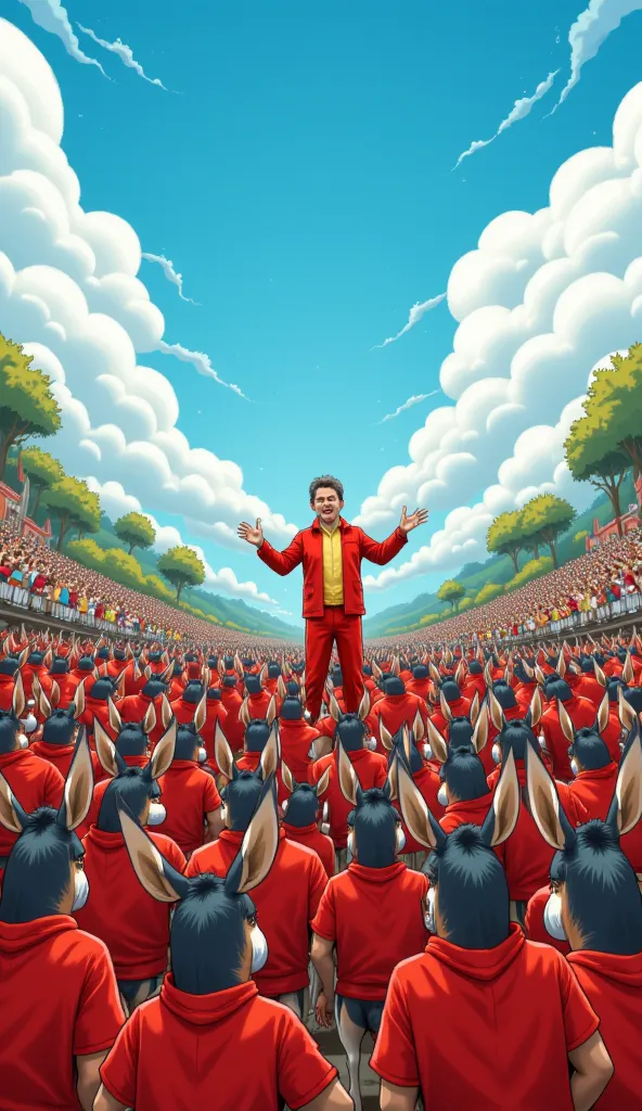 Brazilian President Luis Inácio Lula da Silva speaking to thousands of donkeys and donkeys dressed in red, cartoon style illustration