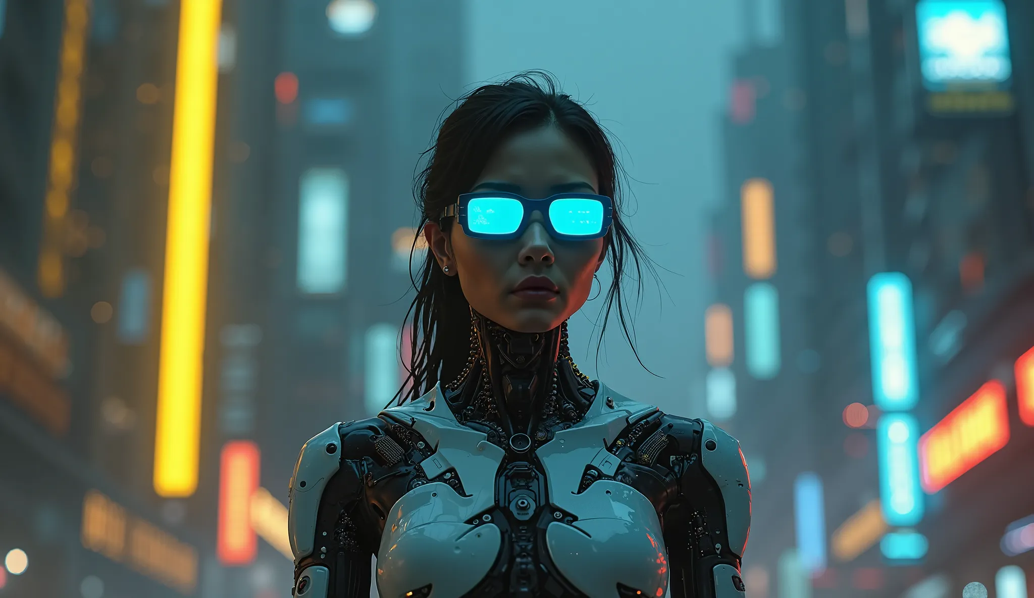 A woman with robotic parts wearing cyberpunk-style glasses in a nighttime environment with yellow and neon blue lights in 8k HD quality