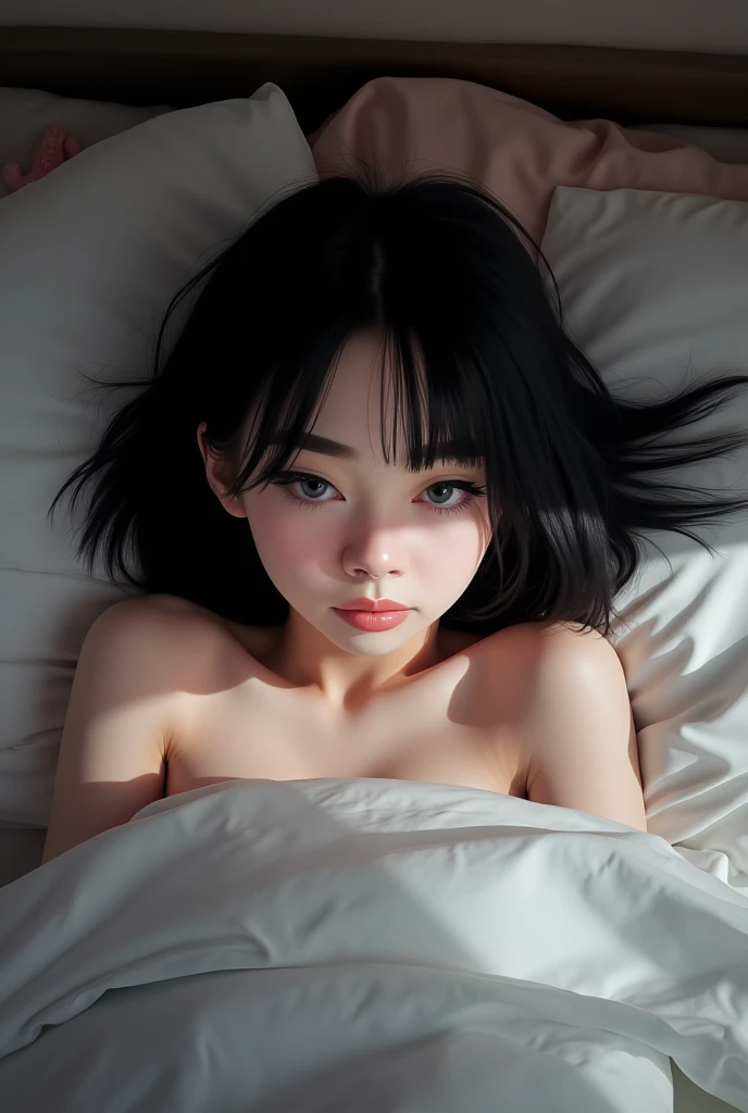  lying on the bed , selfie, Black hair, realistic