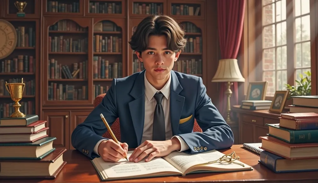 A high school student, heir of a rich family, studying preparing for university , with curly black hair , american 