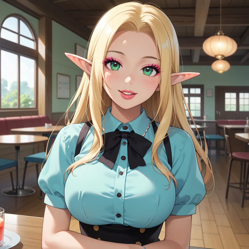 score_9, score_8_up, score_7_up, 1 girl crouching, Alone, upper body, viewer, ç½ è² , Rich long blonde hair, Elf, makeup,  Open Lips, lipstick, eyeliner,  bimbo, Gal girl ,  mint green eyes
、smile over here smile kiss,(clothing:Waitress:Pornrandom),backgro...