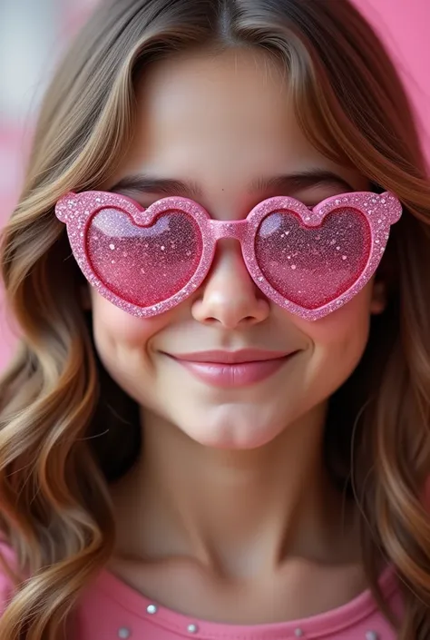 Light brown hair girl, with pink, glitter,heart frame sunglasses, girl should look like a princcess or bratz