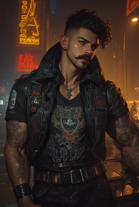 Arthur Darius is a tall, strong young man with jet-black, curly hair shaved on the sides, complemented by a heavy, stylish mustache that gives him a timeless rocker vibe. His look is completed with band T-shirts, a leather jacket, ripped jeans, and tattoos...