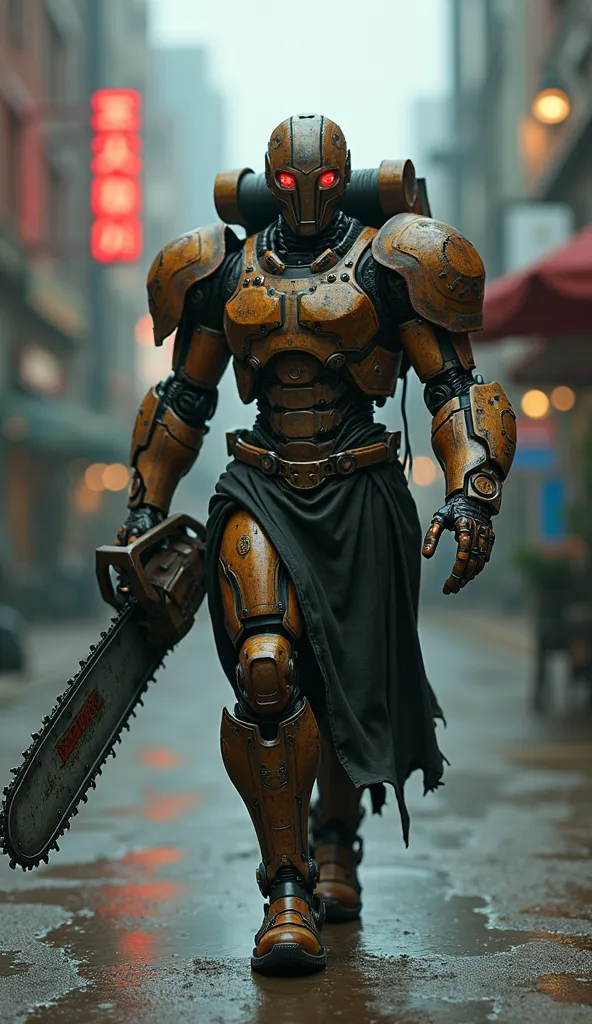 Dark_Fantasy,Cyberpunk,(chain saw,chain saw man,Red:1.1),1man,Mechanical marvel,Robotic presence,Cybernetic guardian, wearing a worn-out mech suit, intricate, (steel metal [rusty]), elegant, clear focus, shot by greg rutkowski, soft lighting, vibrant color...