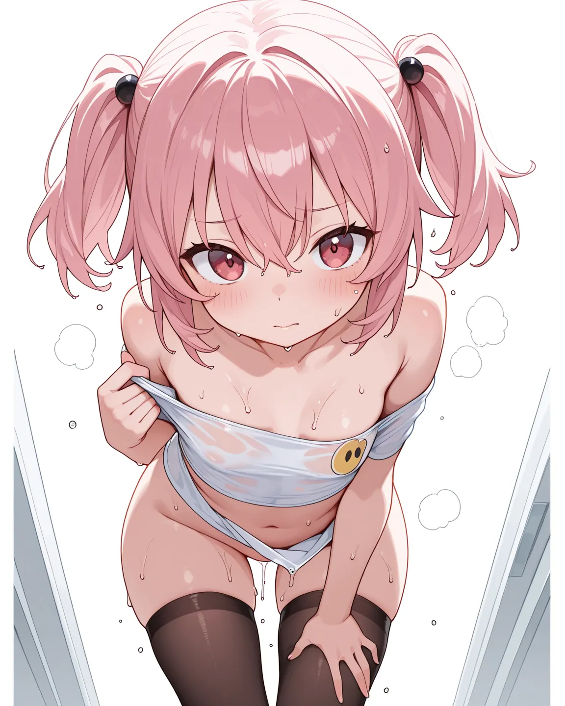 Small thighs, bottomless, cut short undersized plain tube top falling off shoulders, white underwear, wet, nips, no bra, erect, no design on top, flushed, ahegeo