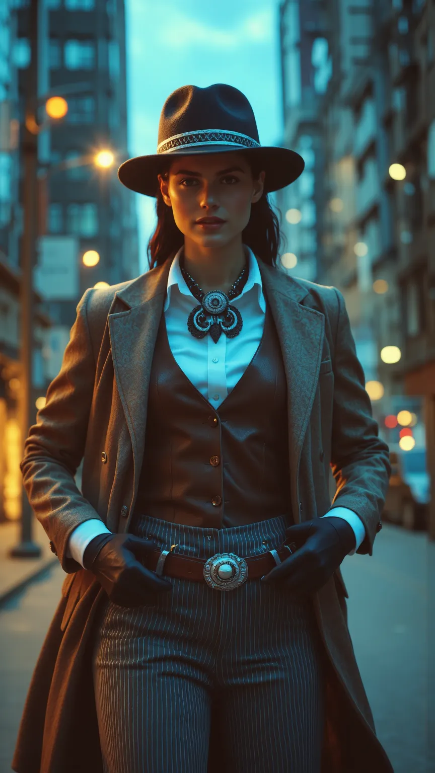 A striking fusion of a fashionable businesswoman and a Wild West outlaw, captured in a close-up, sharp-focus portrait. She wears a tailored, high-waisted pinstripe skirt with a slit, paired with a crisp white blouse and a fitted leather waistcoat. A silk c...