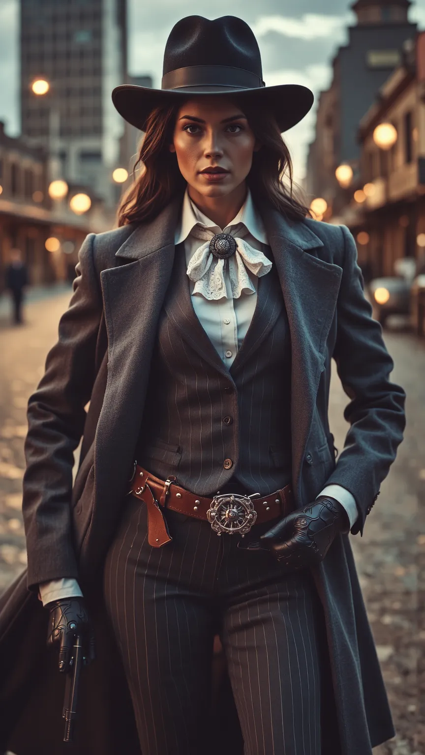 A striking fusion of a fashionable businesswoman and a Wild West outlaw, captured in a close-up, sharp-focus portrait. She wears a tailored, high-waisted pinstripe skirt with a slit, paired with a crisp white blouse and a fitted leather waistcoat. A silk c...