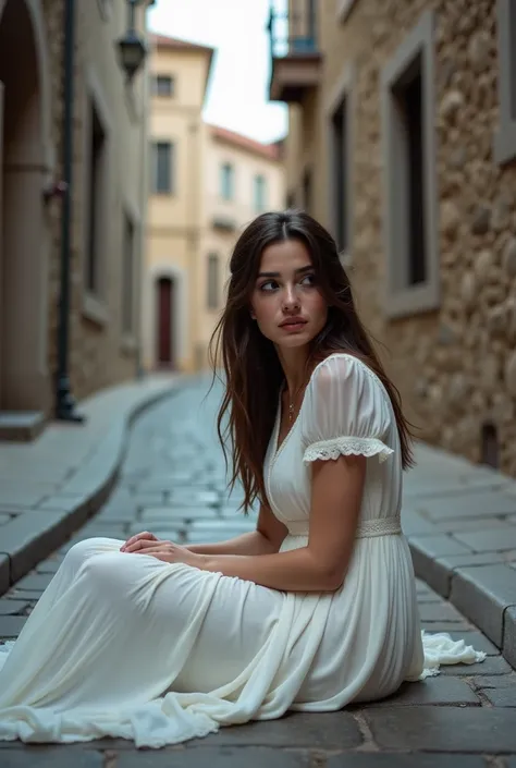 A young woman in a white dress sitting in the streets of Mardin Midyat, crying 