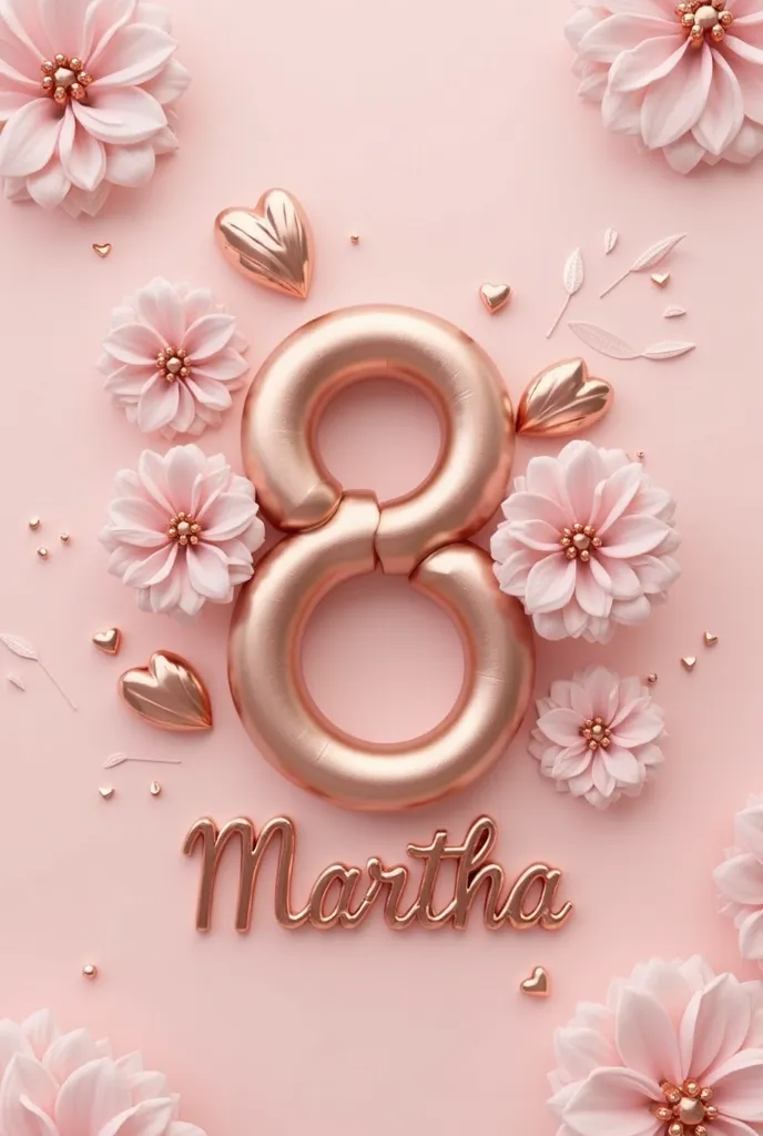 3D render of a delicate pink background with a large metallic number 8 rose gold colors in the center. Number 8 consists of two intertwined smooth tubes, loop forming a continuous, an elegant. Stylised 3D pink flowers with rounded petals and rose gold-colo...