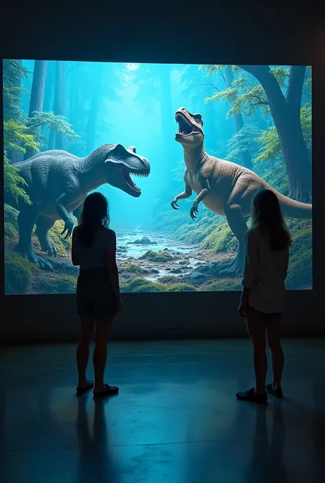 Here's a possible dialogue between two people:
Person A: Hey, did you catch that new exhibit at the museum? The one with the holographic dinosaurs?
Person B: Oh, yeah! I went last weekend. It was wild. I felt like I was right there in the Jurassic period. ...