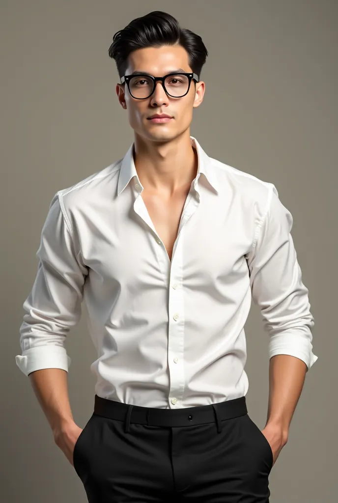 A handsome guy, with spectacles, black hair, tall, fair, wearing a white shirt with 3 buttons unbuttoned, sleeves rolled up, and black trousers. His hair should be straight and let down. 