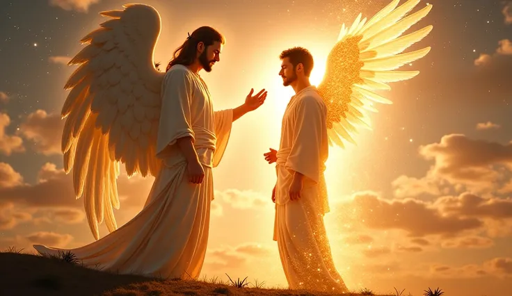 Una escena fotorrealista donde Elysium, El Profeta, is standing in a sacred place, full of divine light emanating from an angel next to him. The angel, majestic and luminous, extiende sus alas resplandecientes y coloca una mano sobre el hombro de Elysium, ...