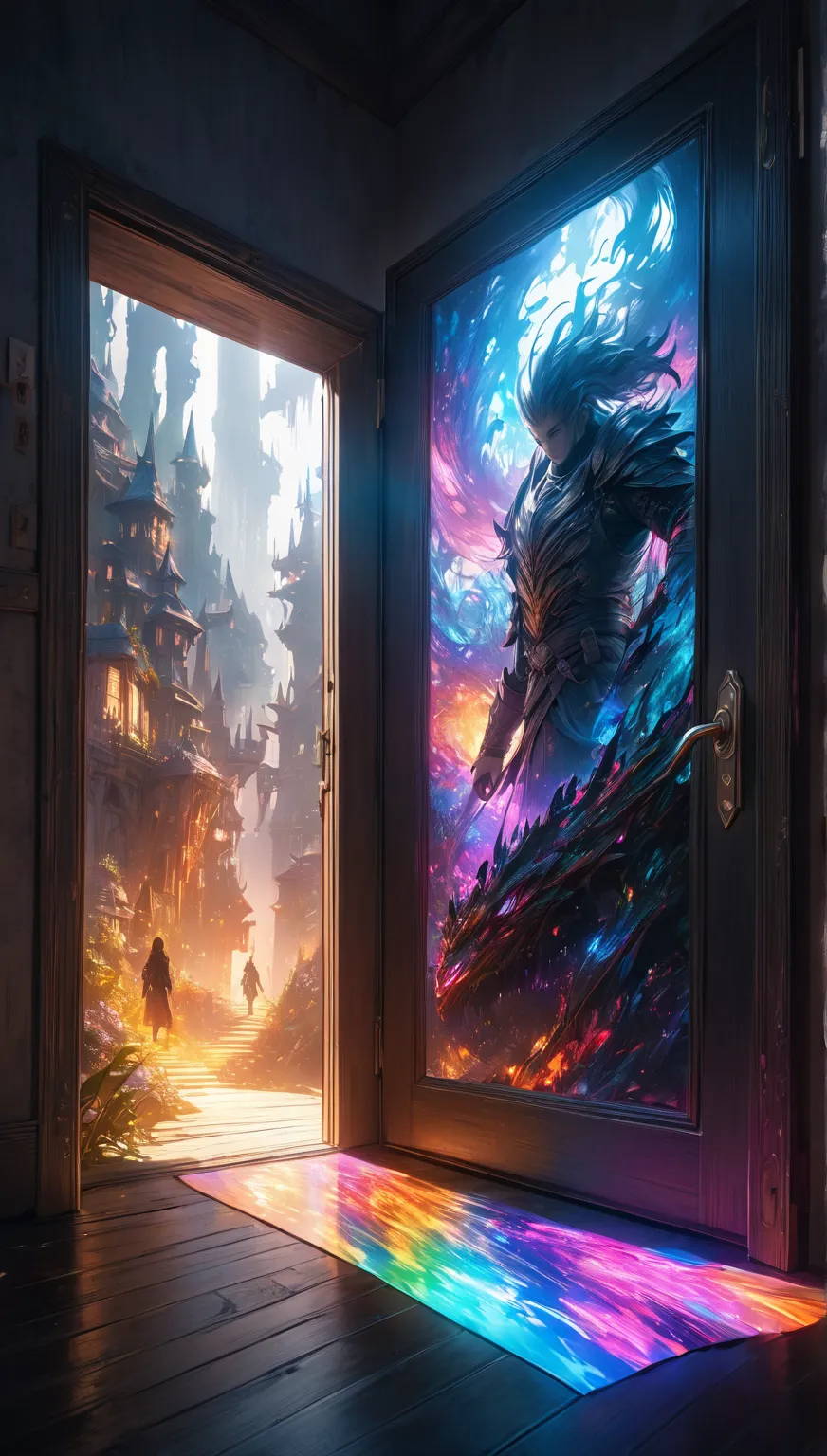 Open the door to a dark fantasy world, Spreading beyond the door、Dazzling fantasy world, Too dazzling backlight, Transparent holographic lighting seeps inward, Colorful light adds color to the background, avoiding completely silhouetted subjects, Extremely...