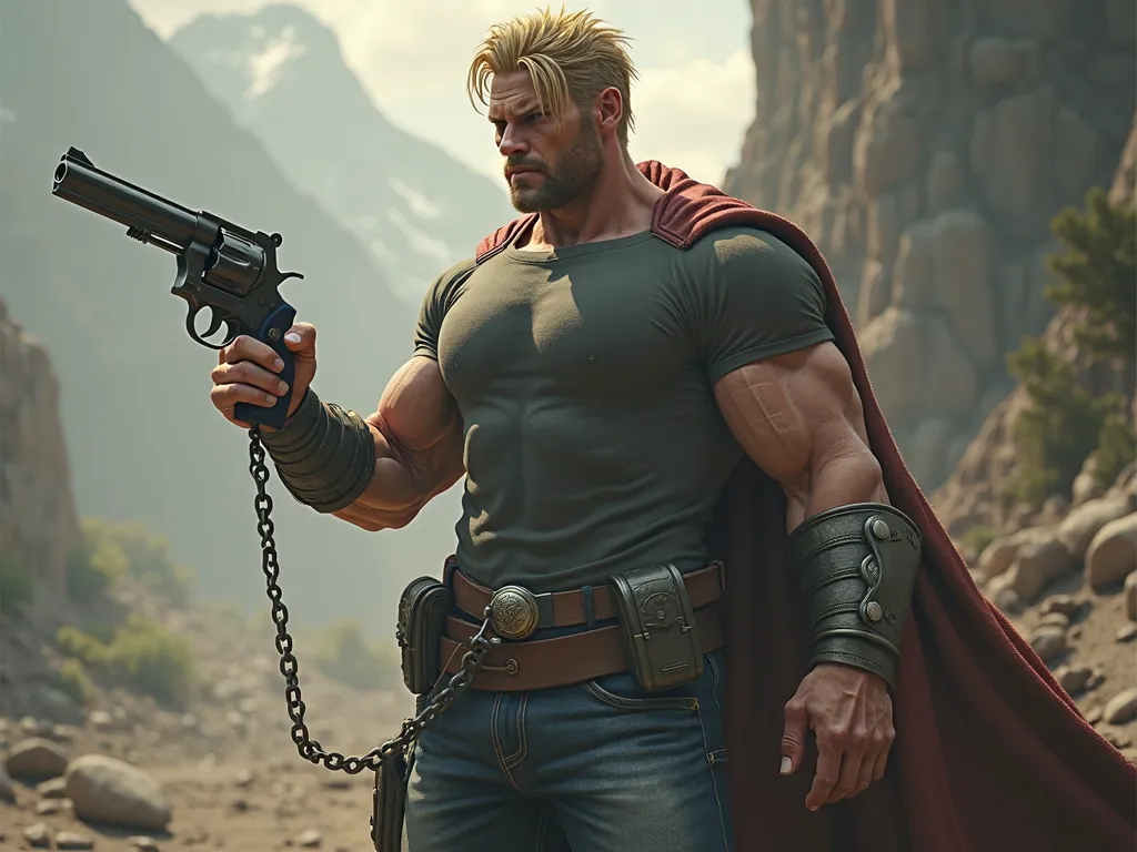 30 year old blonde muscular nordic son of thor in jeans and t-shirt with large revolver