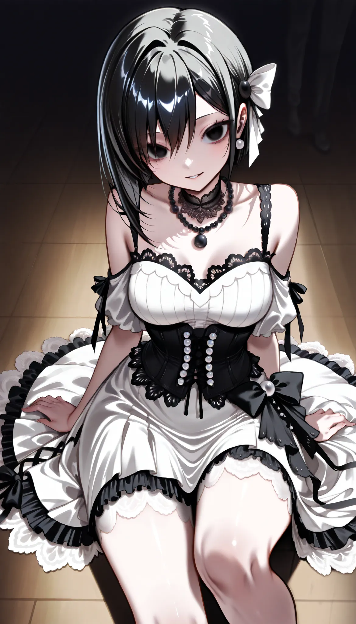 Cool women、beauty、Yandere、Christian Dior Necklace、(dark background, sitting on the floor, dynamic angle)、(black hair, black eyes)、((black corset, black frilly dress, e-girl fashion, (white peals and black lace), fully-clothed)), ((ribbons, lace, pearls))