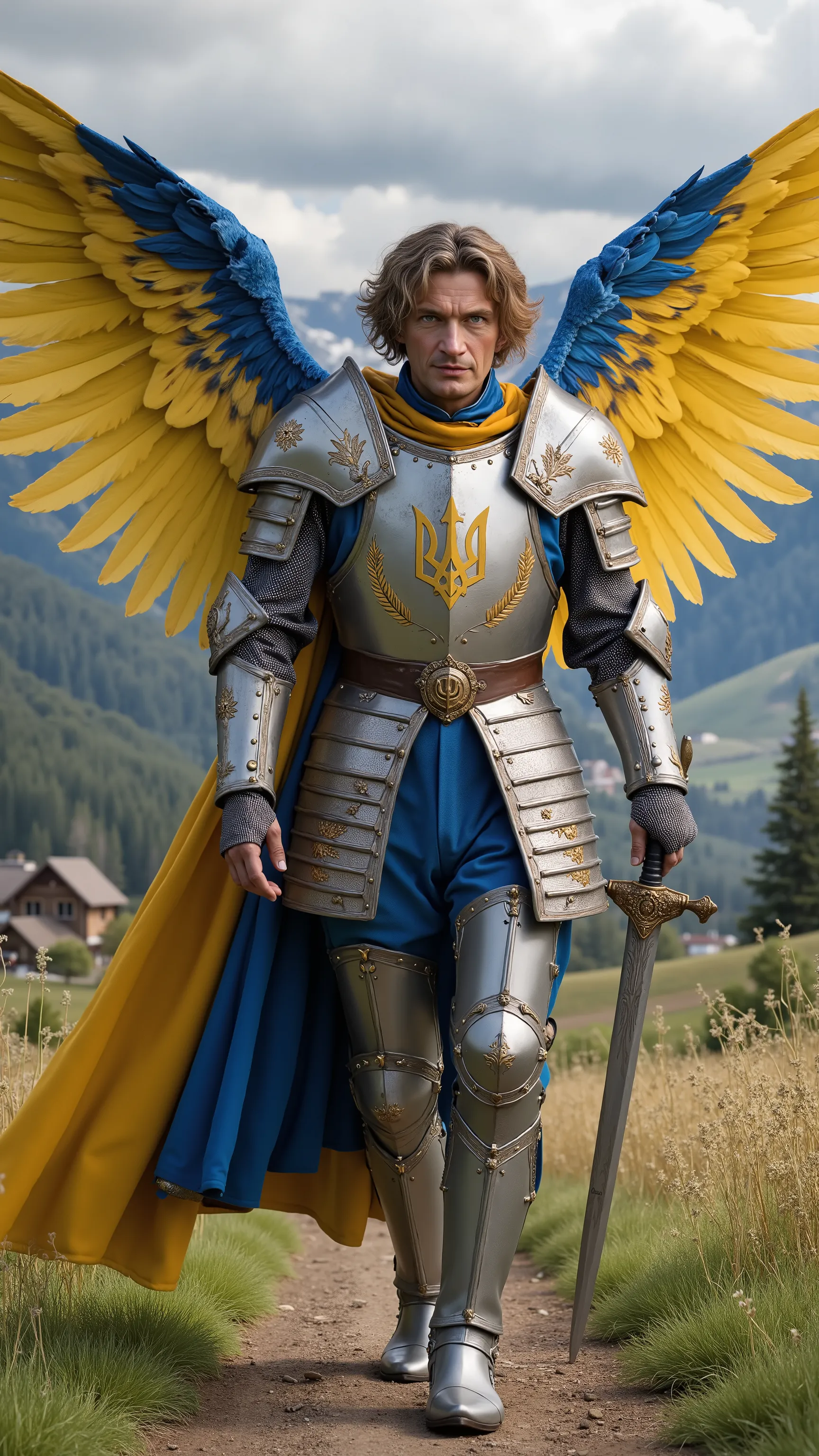 Andriy Kuzmenko reimagined as a knight with huge yellow blue angel wings with detailed feathers walking and holding a sword､dramatic atmosphere, 1 male､ 

He has medium-length, slightly tousled blonde hair and expressive blue-green eyes. His expression is ...