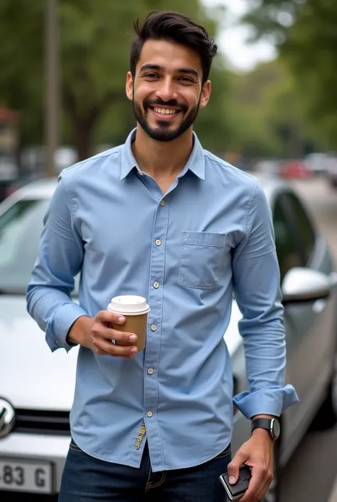 " a Brazilian man , 33 years old, Realistic, photographic style, short and dark hair,  well-trimmed beard , light brown skin, brown eyes,  Confident and friendly expression . Wearing a light blue dress shirt, dark jeans and casual sneakers,  in a modern ur...