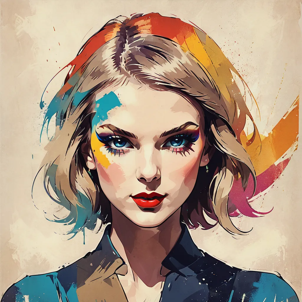 A woman with various colors in vintage style, bust face of Taylor Swift colorful makeup abstract art