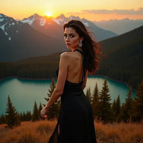 Award-winning portrait of Natasha Petrova, a Slavic woman of sublime beauty ( porcelain skin, wavy black hair,  INTENSE GREEN eyes ), walking with sensual elegance along a path in the Russian Caucasus mountains. Wear a translucent black silk evening dress ...