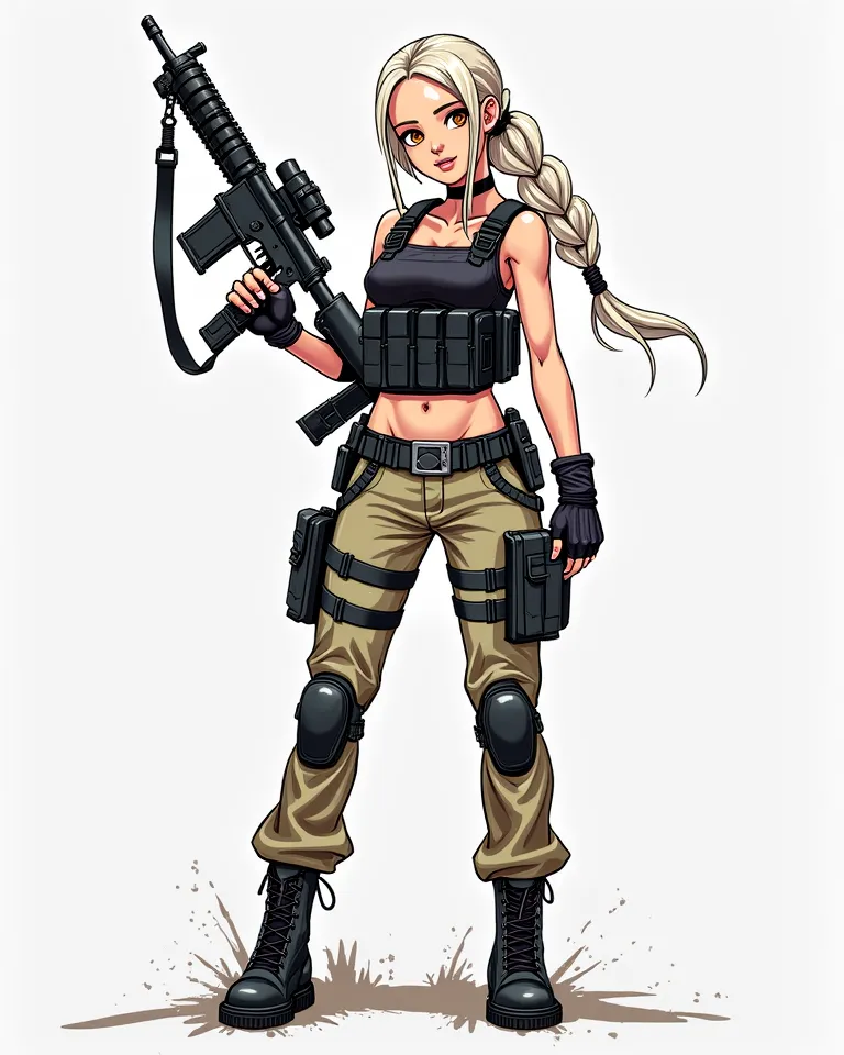 Sexy pose action. anime sexy.highres, masterpiece, multi-view, Delivery Time, Model sheet, Character Design, white background, simple bottom, full body character Delivery Time of 1girl, multiple views of the same character wearing the same outfit, military...