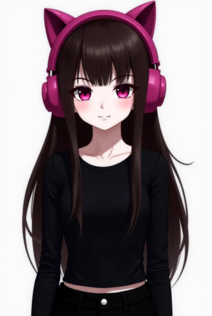 My avatar has long straight dark brown hair 
It has dark pink cat headphones
Black top with sleeves 
Black pants 
White skin
Headphones 