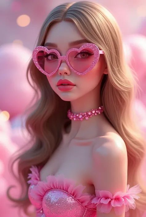 Not real girl!!, light brown hair, the girl should look like a princess or bratz, with pink heart frame glitter sunglasses and pink dress