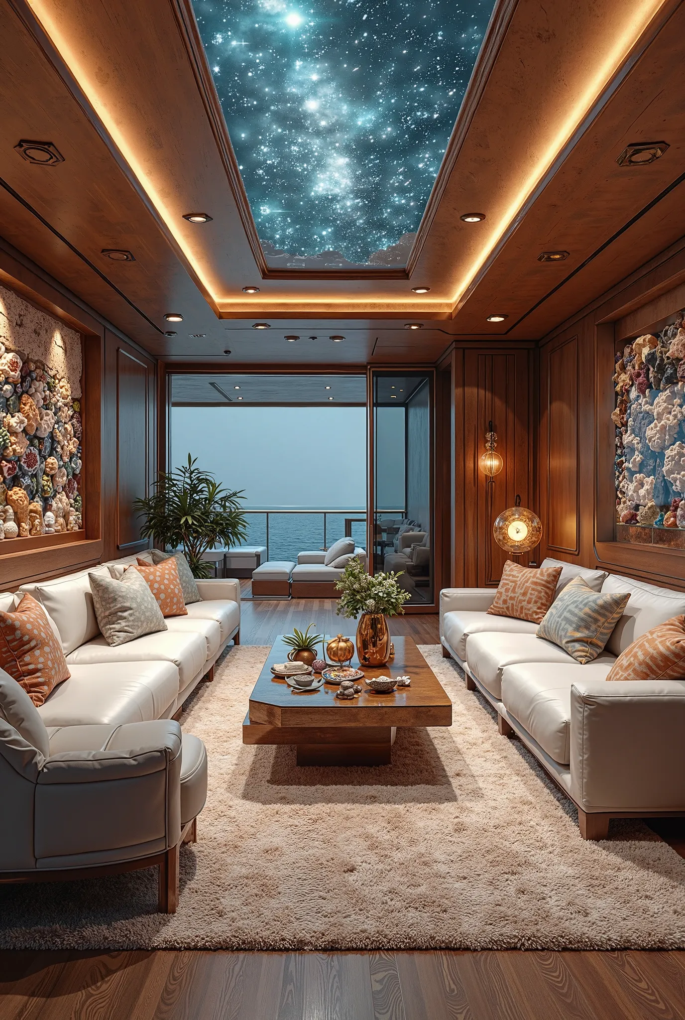 Design the interior of a yacht belonging to someone who is an astrologer by profession and is interested in natural stones