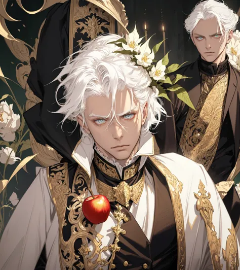   handsome man, male face Albino white hair, wearing luxurious period clothes ( perfect anatomy )  Male Hair, dense hair,bright yellow eyes,  perfect eyes , detailed eyes, Realistic eyes with disgusted expression looking like a villain with an apple in his...