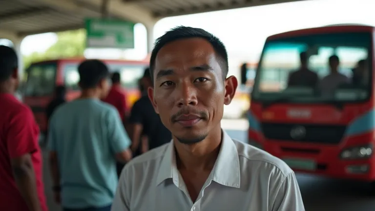 An Indonesian parking man is gathered facing the camera with several people, Terminal background and atmosphere of buses and angkot vehicles during the day. hyper-realistic, high contrast, high color effect, 8k, detail, focus.