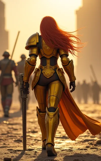 Warhammer 40k Adeptus Custodes youg woman walking solo to the viewer on a battle from w40k lore and wearing a Custodes Gold beautiful Armor. (The character has long two toned orange and red hair). The character wield a Guardian Helberd from warhammer 40k l...