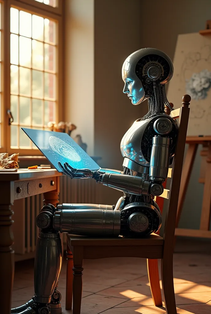 Imagine a photorealistic scene of a classic humanoid robot, like a work of art from the Renaissance, đang ngồi trên một chiếc wooden chair cũ kỹ trong một studio truyền thống. This robot is designed with intricate metal details, is reminiscent of mechanica...