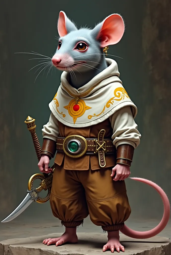 He is a male rat, with wide brown pants, It has a hood shaped like a wolf's head and a white tunic with gold embroidery on the sides and in the center a simple yellow and red sun. . It has a very decorated scimitar and an earring.Do it in a dungeon-like ba...