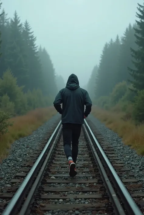 "Imagine a hyper-realistic, cinematic scene: A man jogging on railroad tracks, viewed from behind, wearing a black hoodie and black long pants. The perspective is captured from a drone at a 45-degree angle from above, approximately 40 meters away, making h...