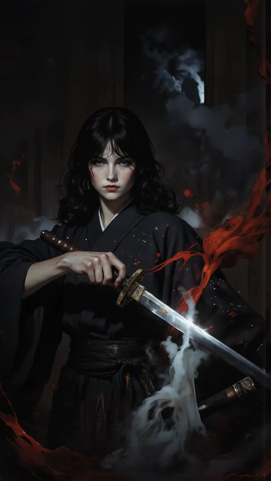 Japanese Girls,alone, Dark Hair,  Samurai Knife,  Battle Pose  ,