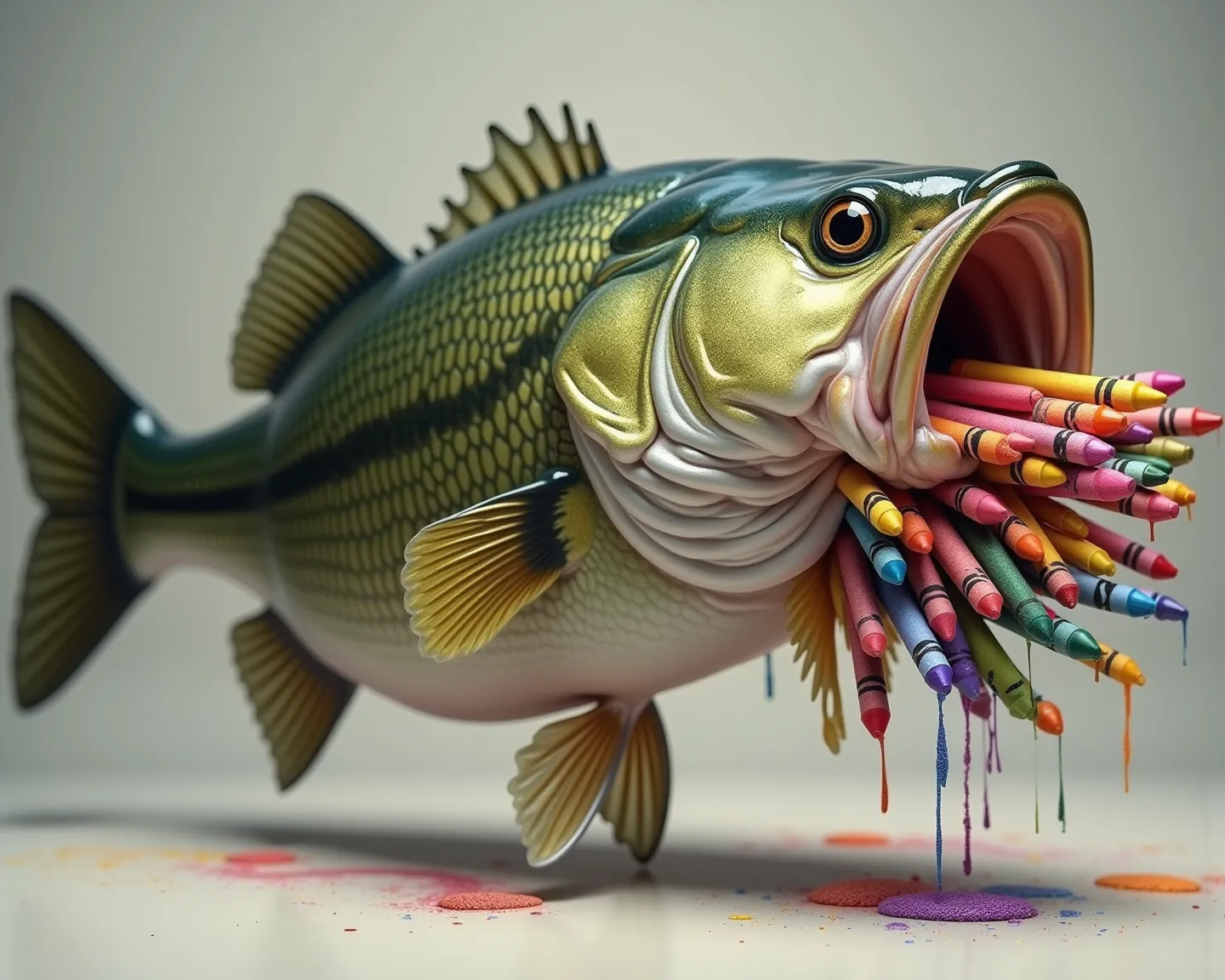 
Realistic bass fish with crayons filling up its mouth overflowing