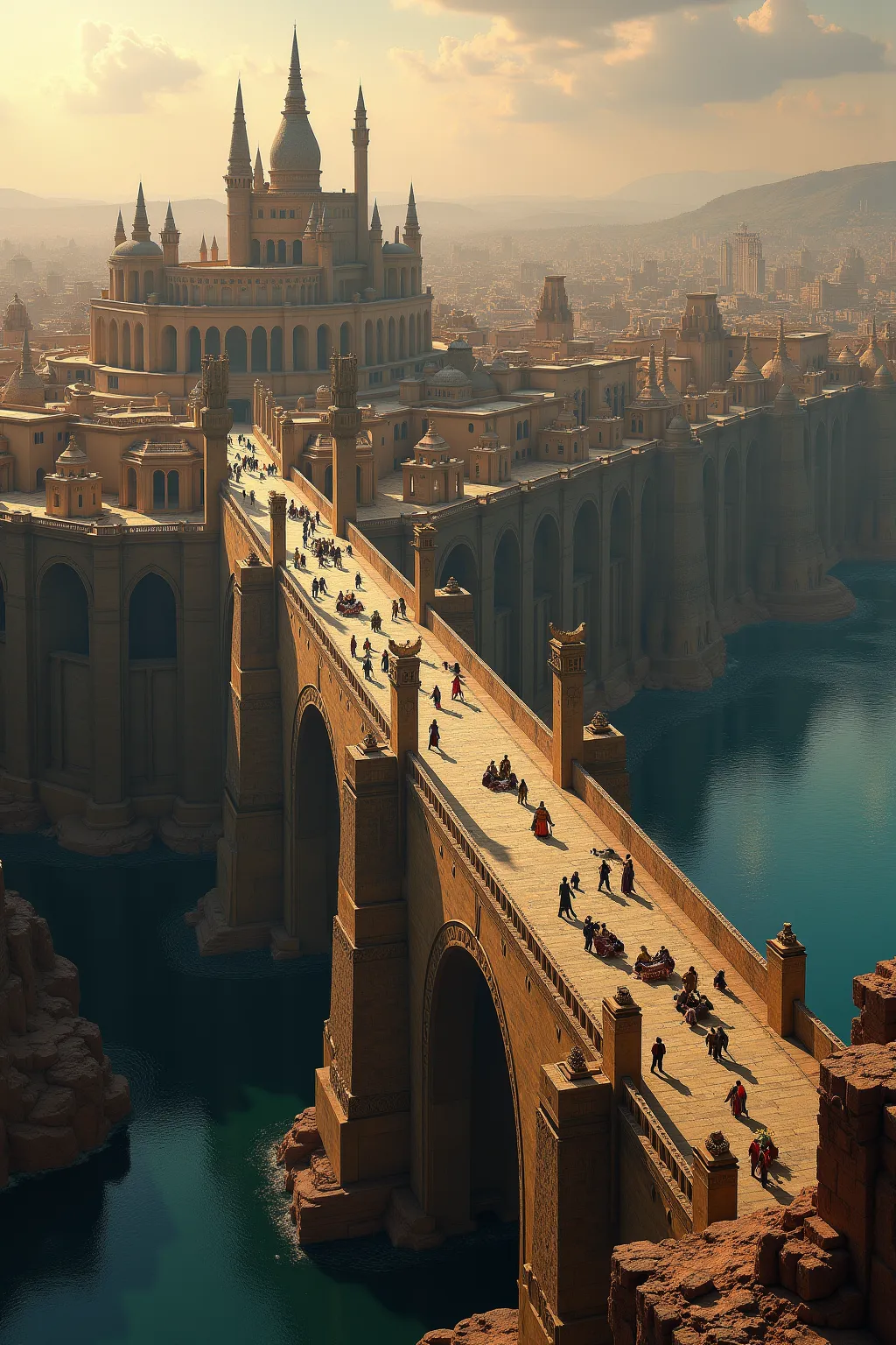 Create a breathtaking and expansive depiction of the Long Bridge of Volantis, an architectural marvel that spans the Rhoyne River. The bridge is a massive stone structure, wide enough to accommodate bustling crowds, market stalls, and even small buildings ...