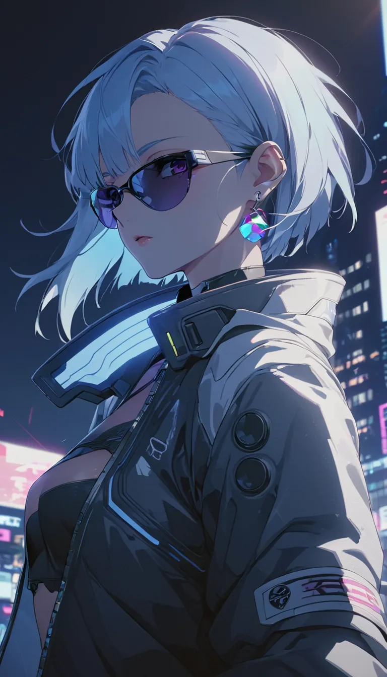 (((best quality, 8k, masterpiece: 1.3)), ((best quality)), ((masterpiece)), ( Details), perfect face, Cyberpunk, jacket, Recipient, Cyber City,  night ,  light blue hair, sunglasses, Crystal earrings, futuristic, cinematic lighting, Ray Tracing, backlight