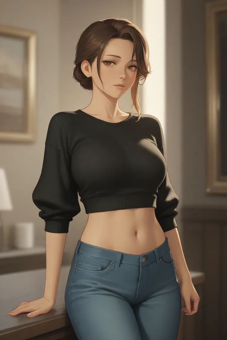 Mature female big breasts, cleavage, blackcrop top, black sweater, rolled up sleeves, midriff, navel, blue jeans, neutral expression, doomer girl, highly detailed, best quality