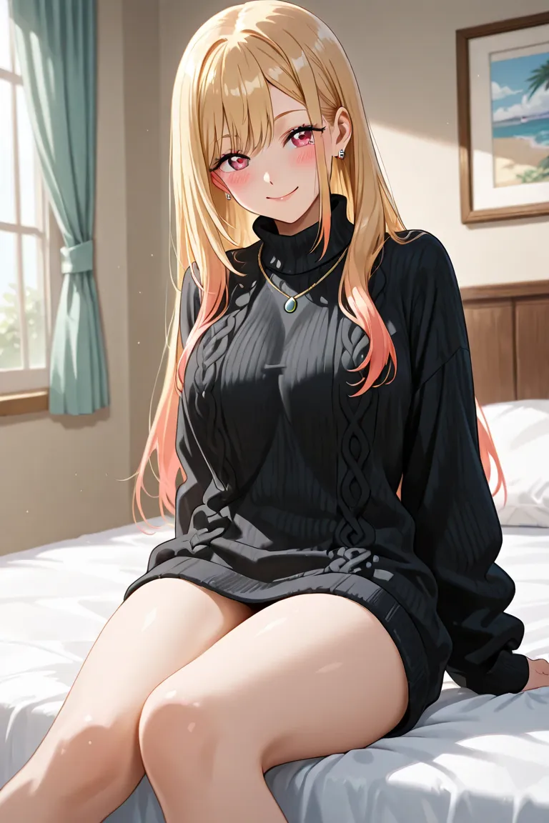 Marin kitagawa from My Dress up Darling , her eyes are red , she has long yellow hair, she is wearing a black linined sweater, her smiles is normal , she sitting on bed , she looking at front, high picture quality