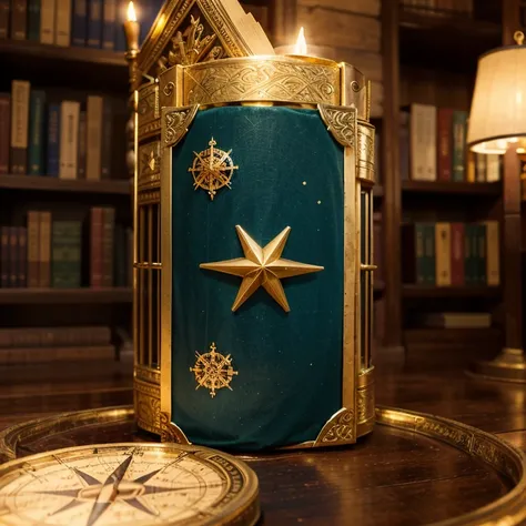 Background Setting: A mystical medieval library with dark wooden shelves filled with ancient books, illuminated by a soft golden light, creating an enigmatic and magical atmosphere. The setting includes several elements that reinforce the ambiance of wisdo...