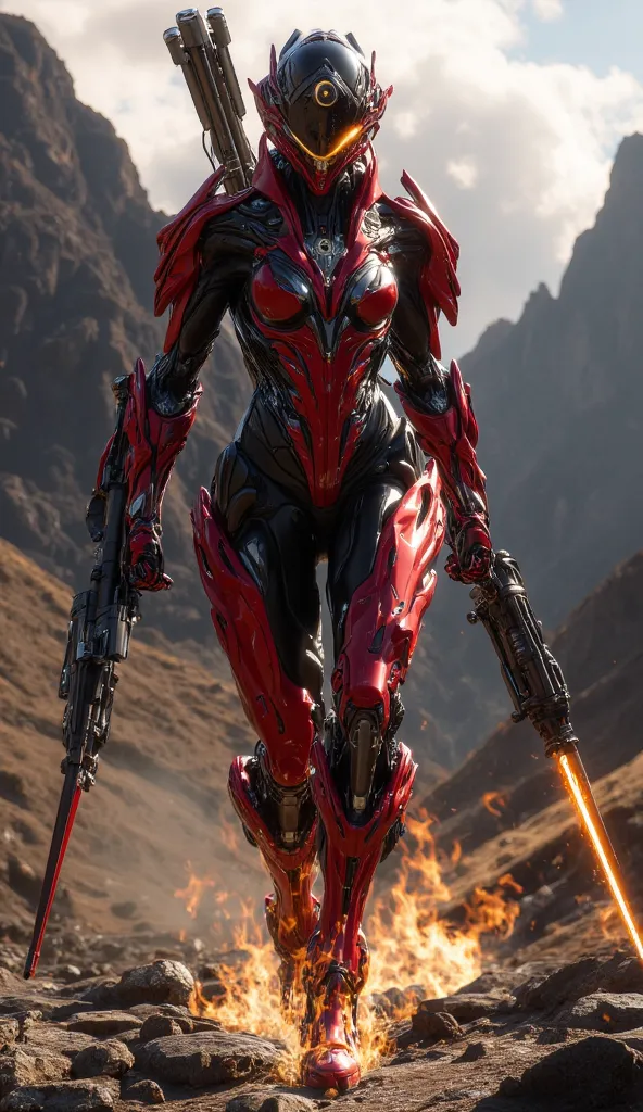 High-Tech Suit: A sleek, crimson nanotech bodysuit that adapts to her movements, with flame-retardant plating and heat-resistant gloves. The suit has a holographic HUD visor that displays targeting data.
Tools: A plasma bow that generates fiery arrows and ...