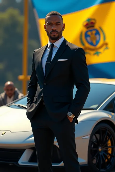 Tiger player Guido Pizarro dressed in a black suit, Above a Lamborghini and with a blue and yellow flag 