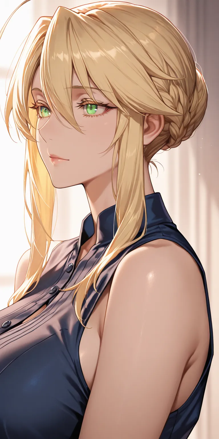 Masterpiece, very aesthetic, vibrant, high contrast, high resolution, ultra detailed, mature woman, artoria Pendragon (lancer), casual Sleeveless clothes, housewife, portrait, soft light, best quality, newest, castlevania: nocturne animes style, 