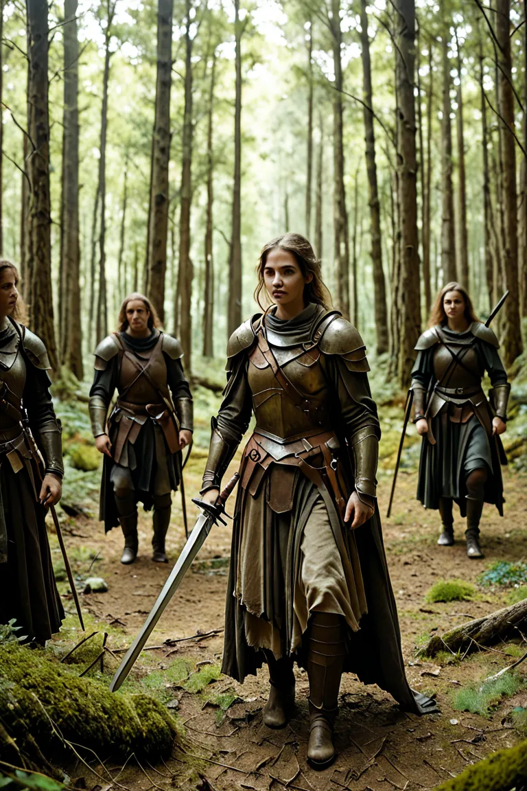 Portrait of a woman in medieval warrior armor, white skin,  straight dark brown hair , In the woods by day 