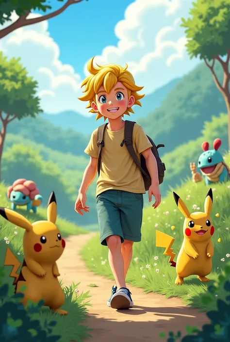 Une homme blond qui capture des pokemon, salami, Bulbasaur ,And Squirtle and Pikachu