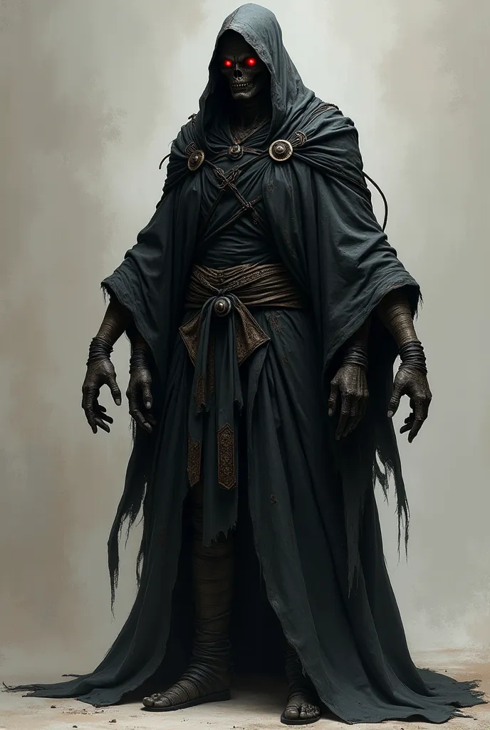 a being with several black cloaks hiding his thin body and a large kimono, has four arms two in the normal place and the others are a little lower back they are bandaged and their head with a hood and several bands covering their face, And two bright red e...