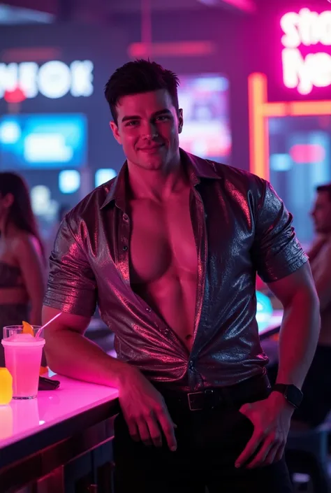 Cybernetic Bar
"In a stylish cybernetic bar filled with glowing drinks and advanced mixology, a tall, lean, and muscular man with smooth white skin stands confidently at the counter. His short hair is expertly styled, and he wears a fitted, partially unbut...