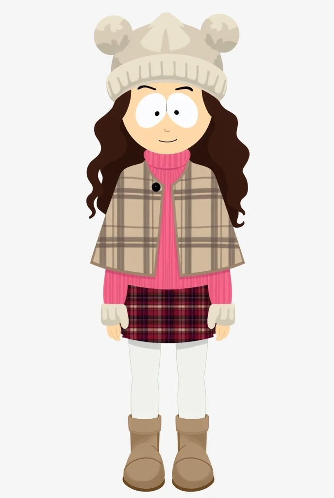 Create a character in the style of the animated series South Park with the following characteristics: The hair is long, with curls in a dark brown tone. Your outfit is a short plaid cape in neutral tones, that covers a pink turtleneck sweater. The skirt is...