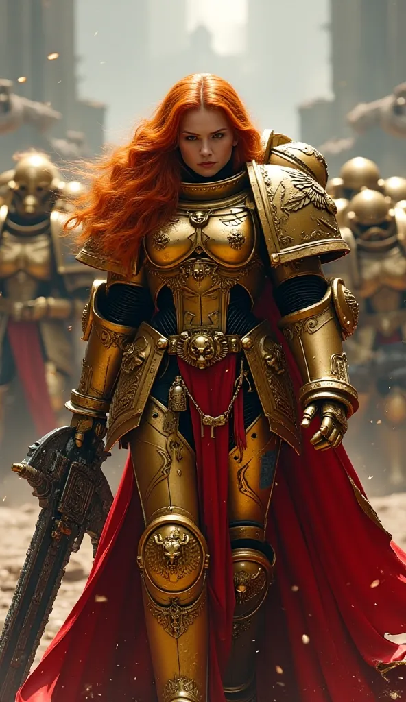 Warhammer 40k Adeptus Custodes youg woman walking solo to the viewer on a battle from w40k lore and wearing a Custodes Gold beautiful Armor. (The character has long two toned orange and red hair). The character wield a Guardian Chainsaw Helberd from warham...